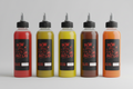 5 NW Bait Lab bottles - red, mango green, yellow, brown, orange