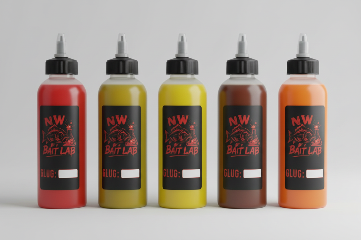 5 NW Bait Lab bottles - red, mango green, yellow, brown, orange