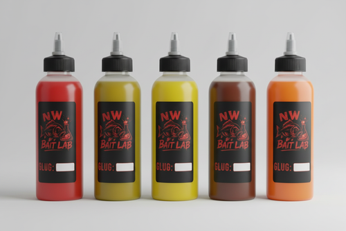 5 NW Bait Lab bottles - red, mango green, yellow, brown, orange