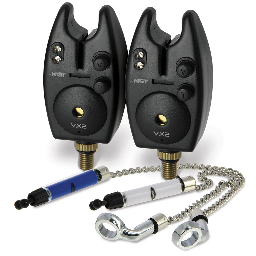 NGT Carp Fishing Black VX2 Twin Bite Alarm and Indicator Set with Batteries