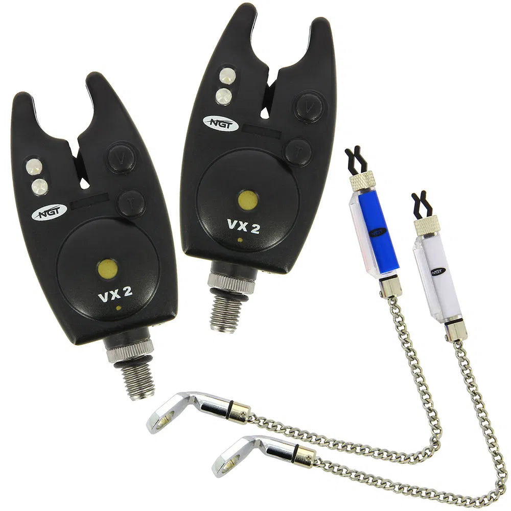 NGT Carp Fishing Black VX2 Twin Bite Alarm and Indicator Set with Batteries