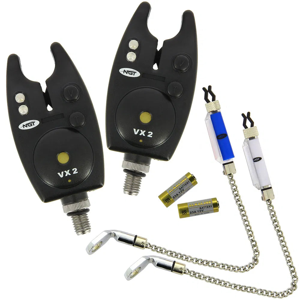 NGT Carp Fishing Black VX2 Twin Bite Alarm and Indicator Set with Batteries