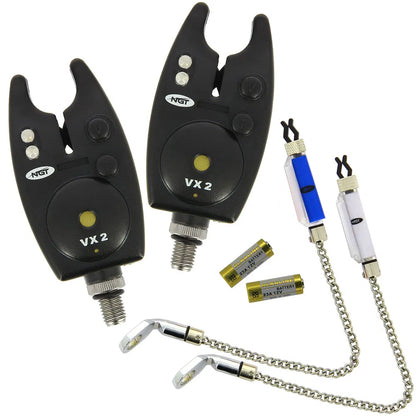 NGT Carp Fishing Black VX2 Twin Bite Alarm and Indicator Set with Batteries