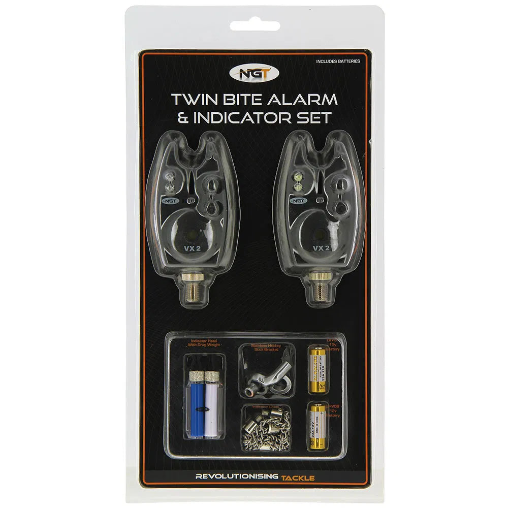 NGT Carp Fishing Black VX2 Twin Bite Alarm and Indicator Set with Batteries