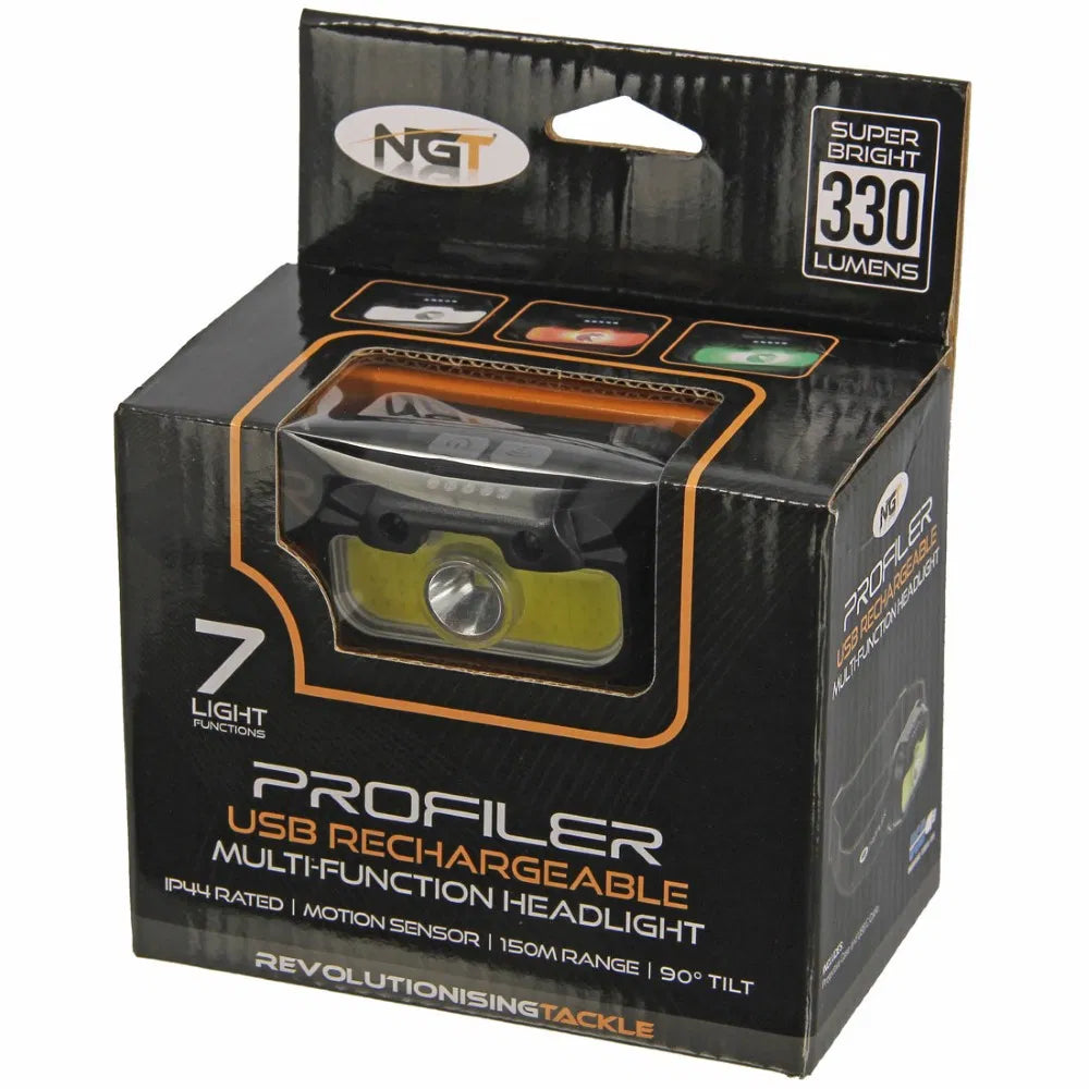 NGT Profiler Headlight - 330 Lumens USB Rechargable Motion Sensor Headlight with Case