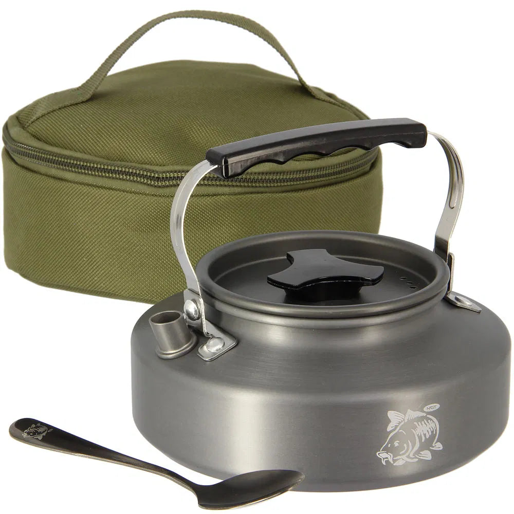 NGT Aluminium Outdoor Kettle Set - 0.80 Litre Gun Metal Kettle with Teaspoon and 600D Case