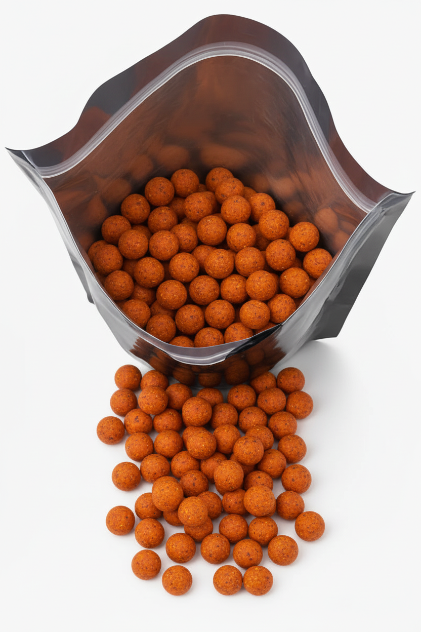 Brighter orange boilies in black pouch