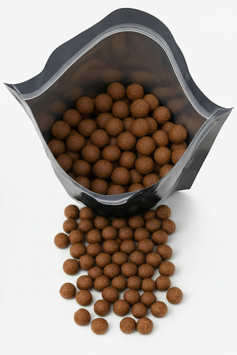 Brown boilies in black pouch - matching colors