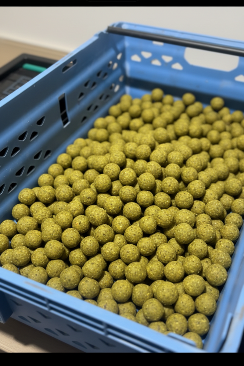 Greenish-yellow mango boilies in blue basket