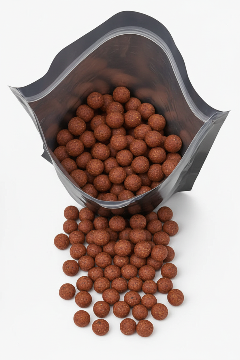 Reddish-brown boilies in black pouch