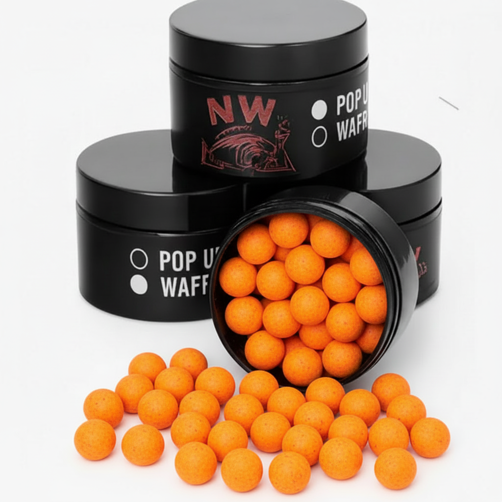 Super bright orange boilies in black containers